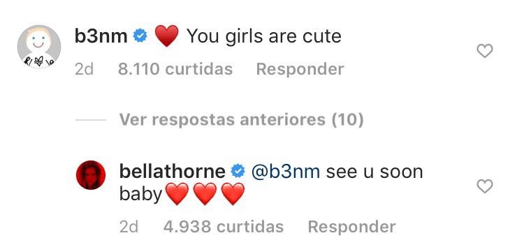 A troca de mensagens entre Bella Thorne e Benjamin Mascolo no espaço de comentários da foto na qual a atriz revela sua nova namorada (Foto: Instagram)