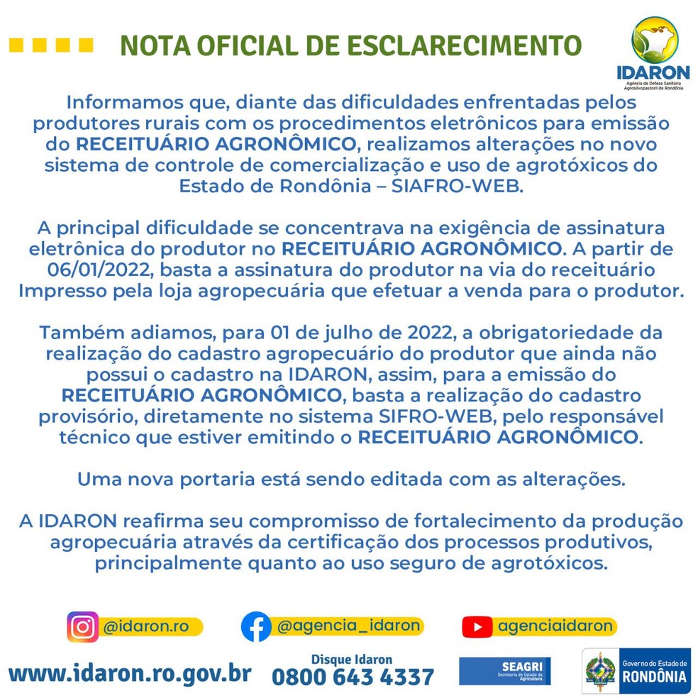 Nota oficial sobre emissão do receituário agronômico em Rondônia — Foto: Divulgação