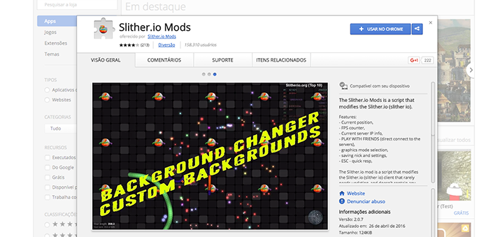 Instale a extensão Slither.io Mods no seu Google Chrome (Foto: Reprodução/Murilo Molina)