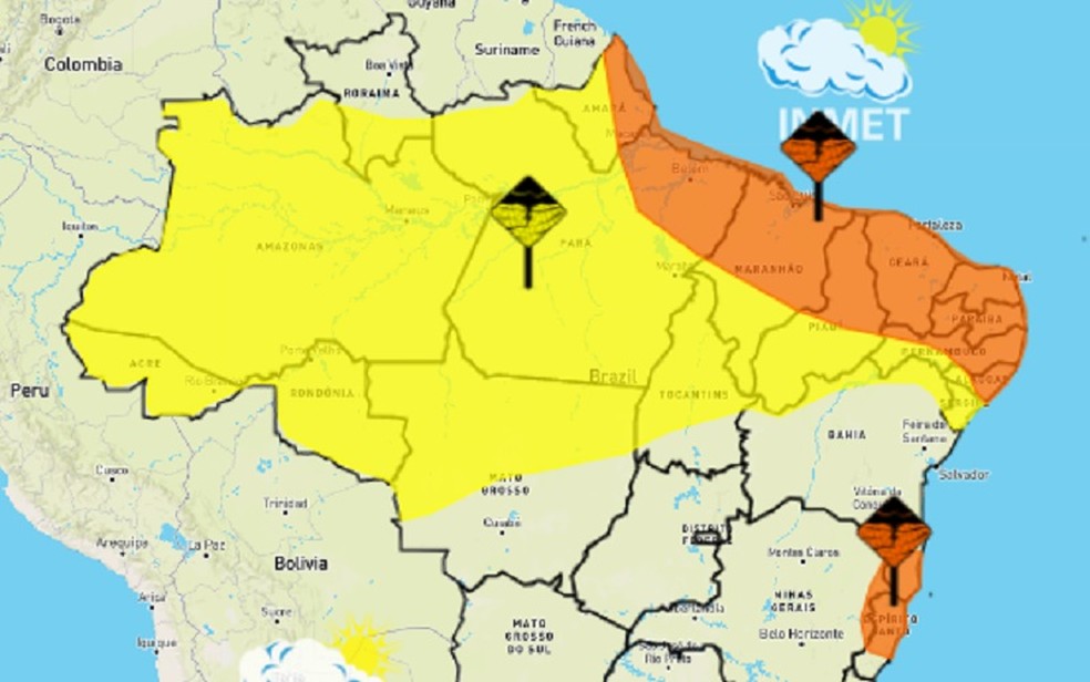 Alerta laranja do Inmet aponta para possibilidade de chuvas fortes e ventos de até 100 km por hora no RN e outros estados — Foto: Inmet
