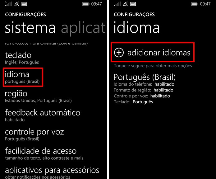 Windows Phone precisa ter idioma alterado para usuário ativar a Cortana (Foto: Reprodução/Elson de Souza)