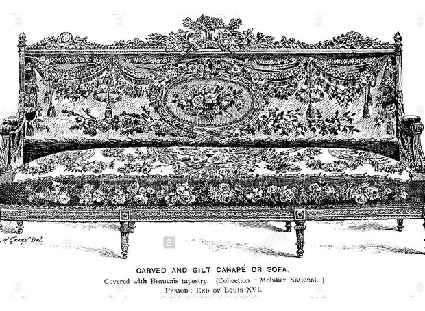 Ilustração mostra o canapé ou sofá esculpido e dourado coberto com tapeçaria de Beauvais, do fim do período de Luís XVI (Foto: Wikipedia / CreativeCommons)