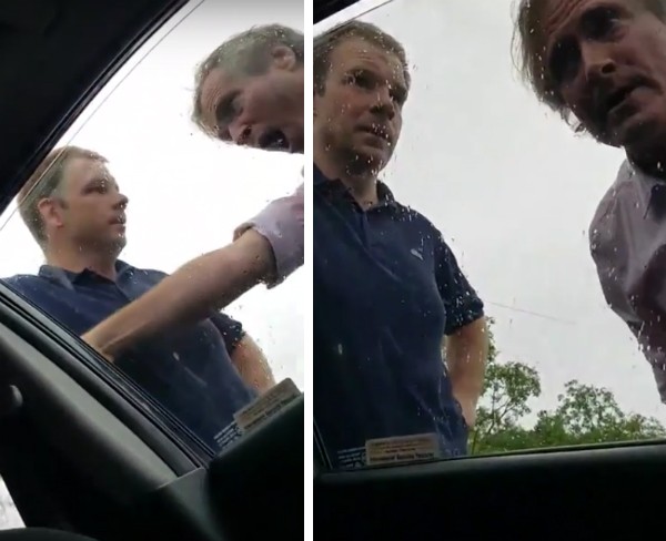 O produtor Fergus Beeley surtado e ameaçando a família do motorista que atingiu seu carro (Foto: YouTube)