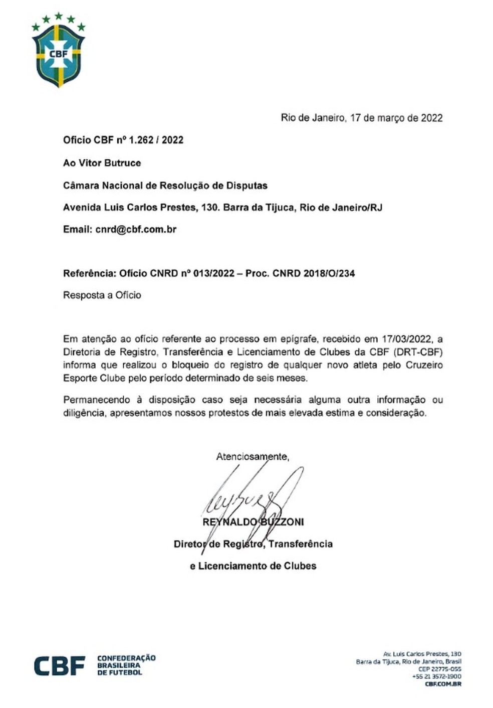 Punição do Cruzeiro para registrar atletas — Foto: Reprodução