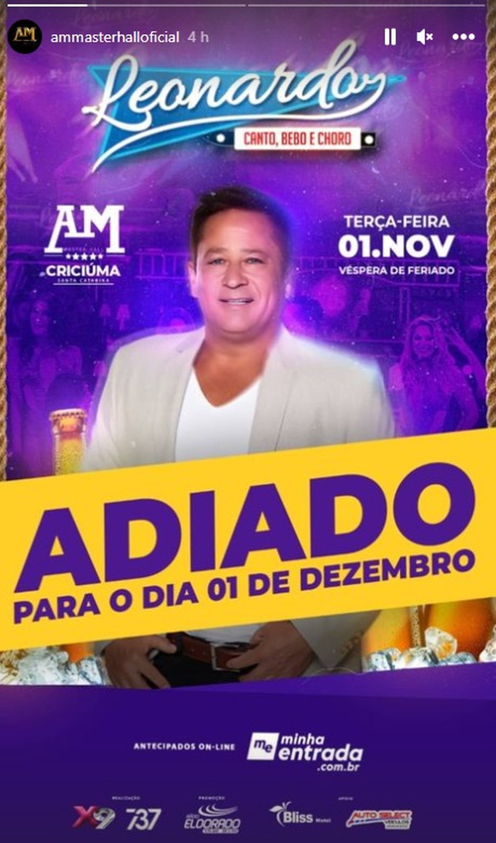 Show do cantor Leonardo adiado — Foto: Reprodução/Instagram