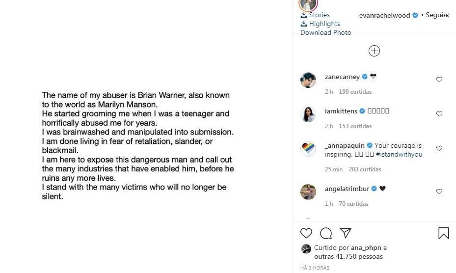 Evan Rachel Woods acusa Marilyn Manson de relacionamento abusivo (Foto: Reprodução / Instagram)