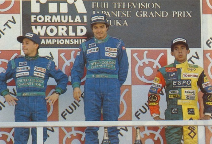 Nelson Piquet e Roberto Pupo Moreno na última dobradinha brasileira da F-1, no GP do Japão de 1990 (Foto: Reprodução)
