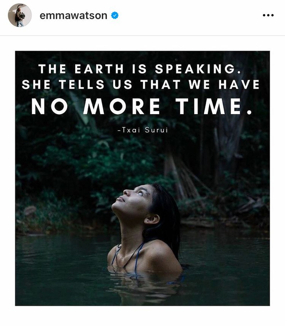 Emma Watson posta foto de Txai Suruí, indígena brasileira — Foto: Reprodução/Instagram