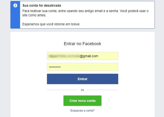 Conta do Facebook desativada temporariamente (Foto: Reprodução/Raquel Freire) Conta do Facebook desativada temporariamente (Foto: Reprodução/Raquel Freire)