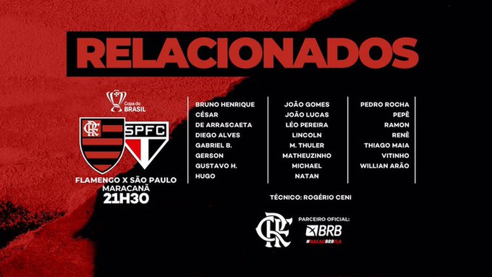 Relacionados do Flamengo para a partida contra o São Paulo, pela Copa do Brasil — Foto: Divulgação
