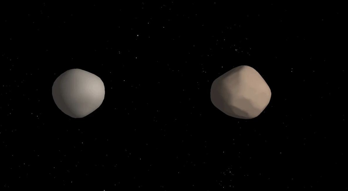 O conceito do artista de como o asteróide binário 2017 YE5 pode se parecer. Os dois objetos mostraram diferenças marcantes na refletividade do radar, o que poderia indicar que eles têm propriedades de superfície diferentes.  (Foto: NASA / JPL-Caltech)
