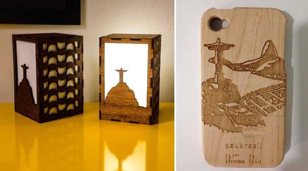 As luminárias e as capas de celular em madeira são alguns dos produtos mais vendidos (Foto: Divulgação)