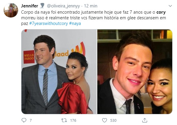 Fãs lamentam morte de Naya Rivera no mesmo dia da morte de Cory Monteith em 2013 (Foto: Reprodução/Twitter)