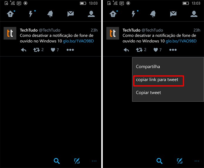 Twitter para Windows 10 Mobile possui opção de copiar link de tuíte (Foto: Reprodução/Elson de Souza)