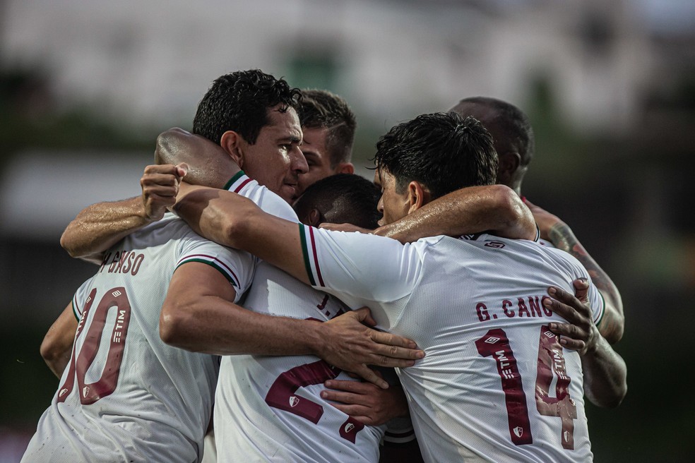 Jogadores do Fluminense comemoram vitória sobre Madureira — Foto: Marcelo Gonçalves / Fluminense FC