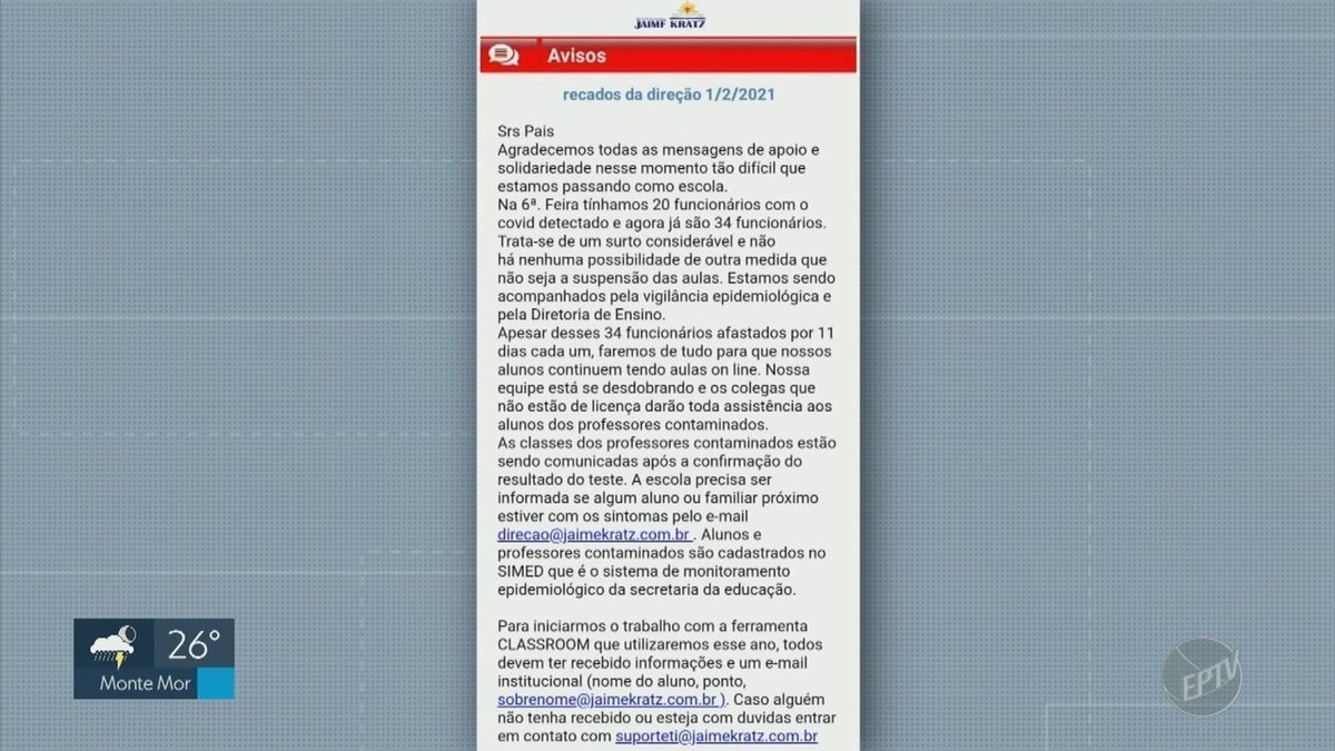 Escola particular de Campinas tem surto de coronavírus e suspende aulas presenciais