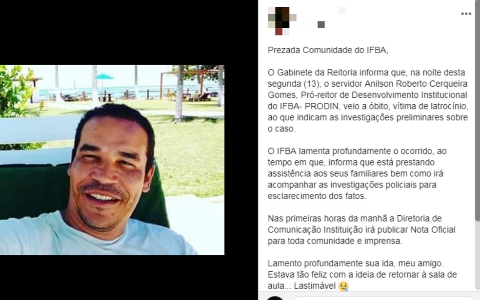 PrÃ³-reitor foi encontrado morto dentro do apartamento que morava, com marcas de tiro e perfuraÃ§Ãµes por arma branca (Foto: ReproduÃ§Ã£o/Redes Sociais)