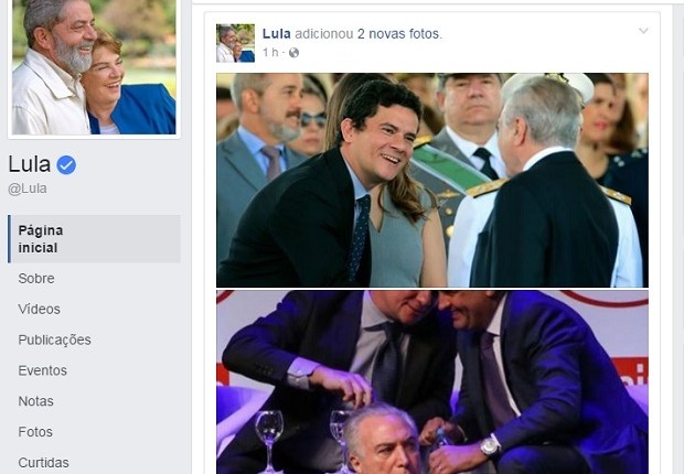 Lula publicou fotos do juiz Sergio Moro com Aécio Neves e com o presidente Michel Temer (Foto: Reprodução/Facebook)