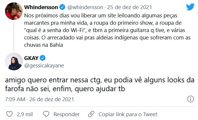 Whindersson Nunes e GKay farão doações para a Bahia (Foto: Reprodução/Twitter) Whindersson Nunes e GKay farão doações para a Bahia (Foto: Reprodução/Twitter)