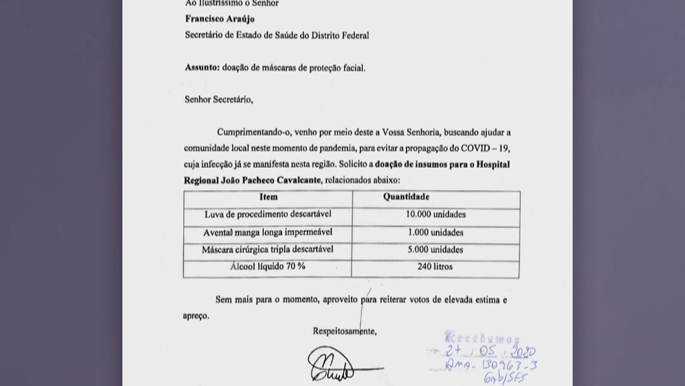 Pedido de EPI's, do prefeito de Corrente, no Piauí, para  a Secretaria de Saúde de DF — Foto: TV Globo/Reprodução