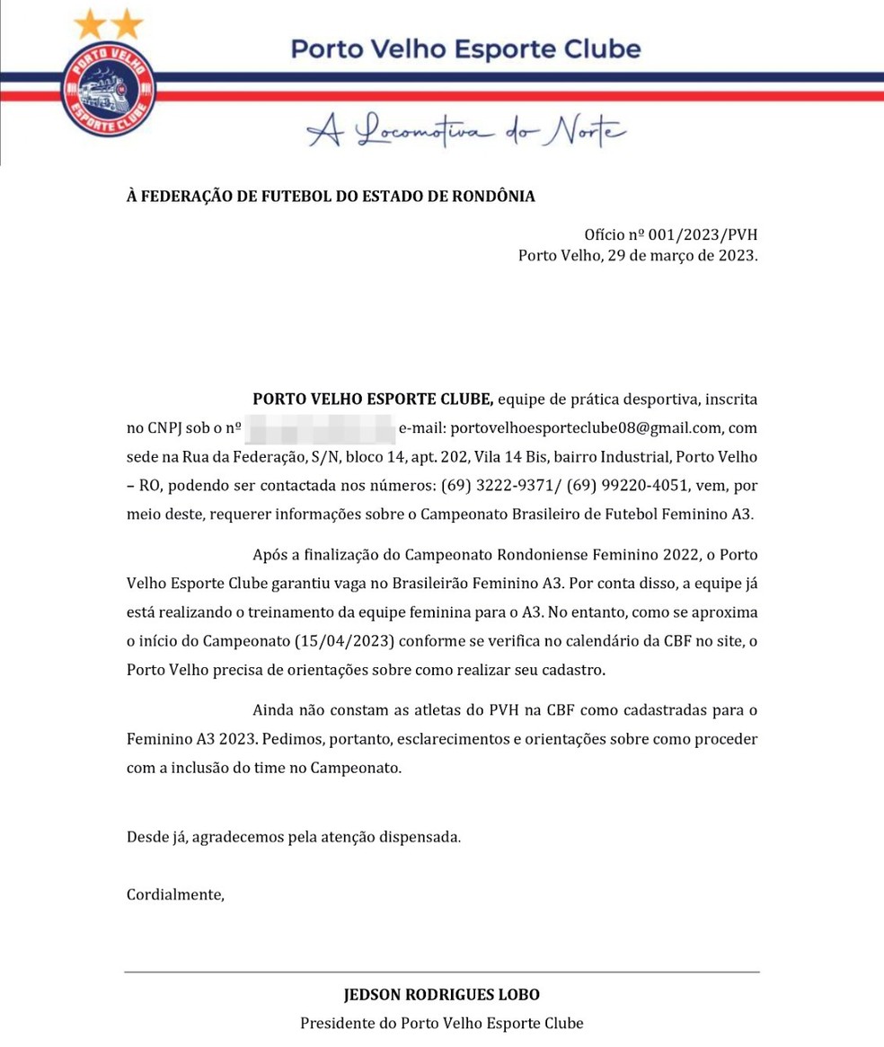 Documento enviado à Federação de Futebol do Estado de Rondônia — Foto: Porto Velho E.C