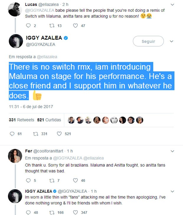 Iggy responde fã sobre parceria com Maluma e critica haters (Foto: Reprodução)