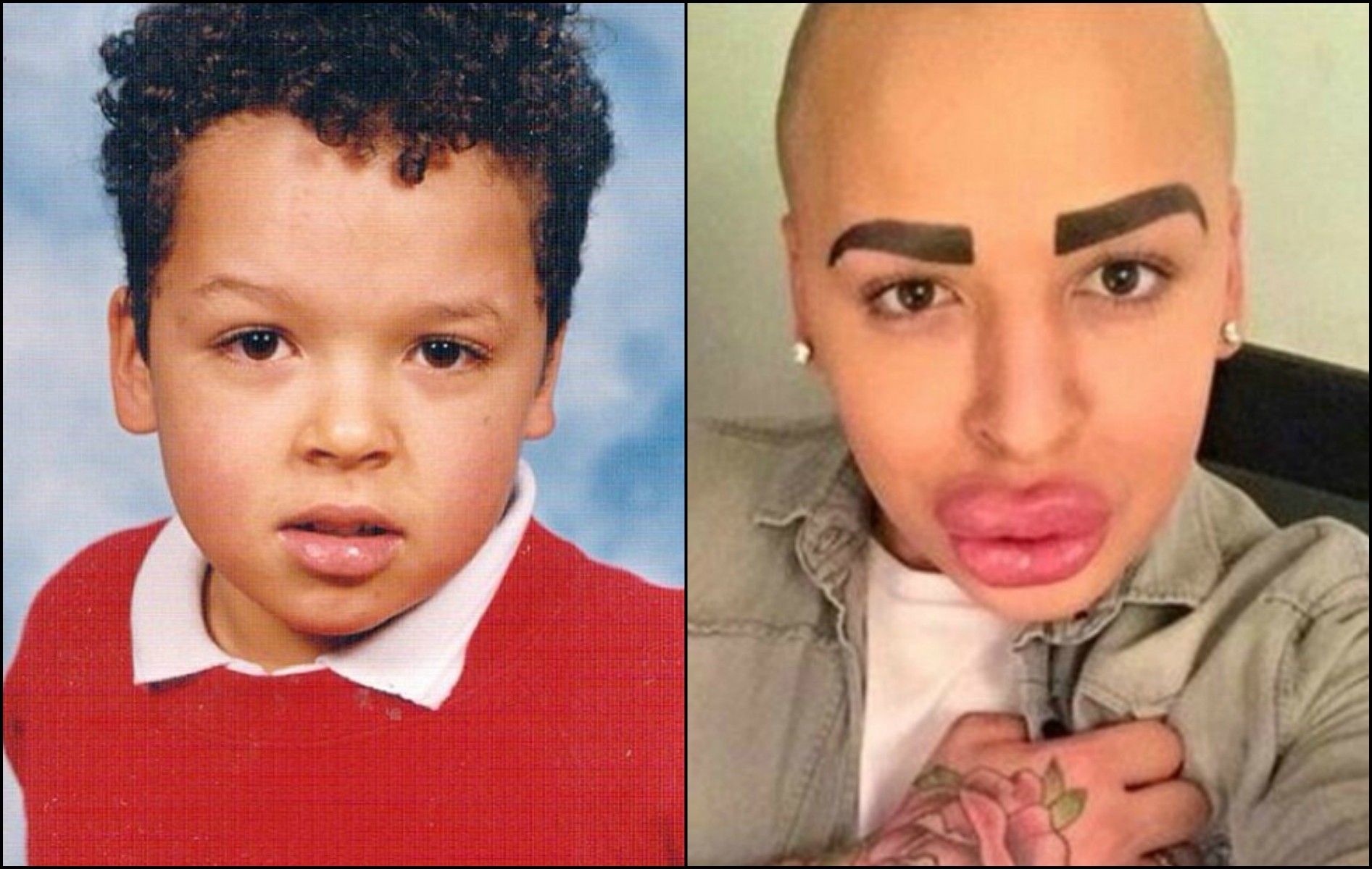 Jordan James Parke quando criança e atualmente, aos 23 anos de idade, tentando ficar a cara de Kim Kardashian. (Foto: Instagram)