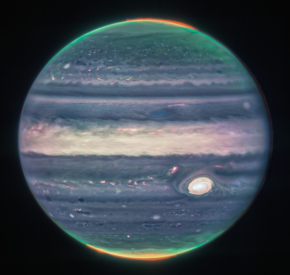 Imagem do planeta Júpiter, capturada pelo supertelescópio James Webb — Foto: NASA, ESA, CSA, Jupiter ERS Team; image processing by Judy Schmidt.