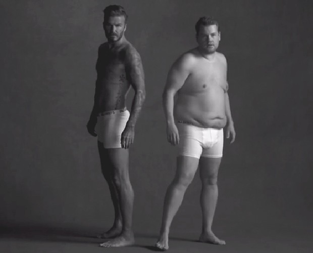 David Beckham e James Corden na campanha para as cuecas D&J, que 