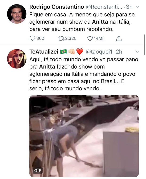 Comentários sobre a apresentação de Anitta na Itália (Foto: Reprodução/ Instagram e Twitter)