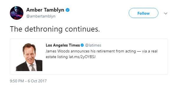 O destrono de Woods destacado no tuíte de Tamblyn (Foto: Reprodução/Twitter)