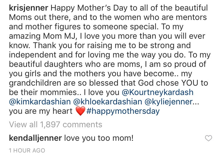 O comentário de Kendall Jenner no post de Dia das Mães da mãe dela, a empresária Kris Jenner (Foto: Instagram)