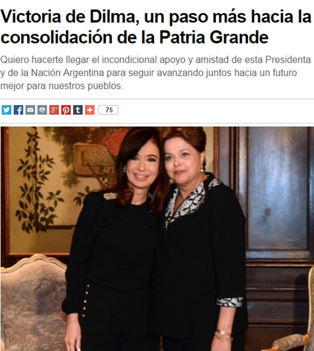 Cristina Kirchner publicou carta para Dilma após a confirmação da reeleição da colega brasileira (Foto: Reprodução/CFKargentina.com)