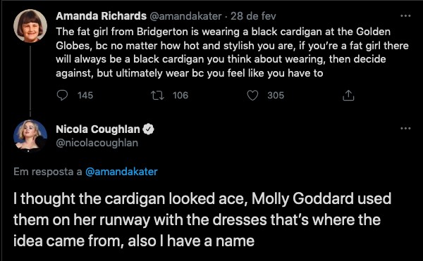 A resposta da atriz Nicola Coughlan à podcaster que criticou o look dela no Globo de Ouro 2021 (Foto: Twitter)