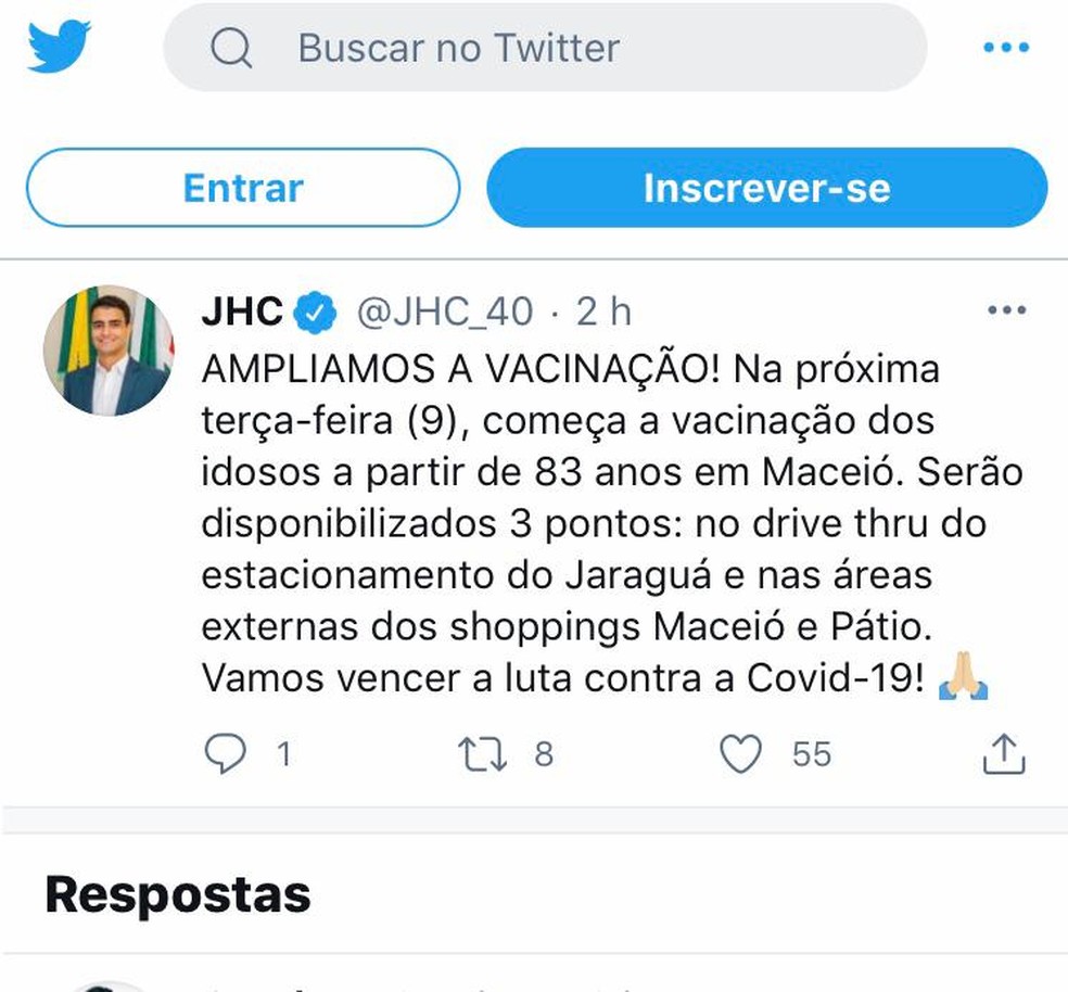 Prefeito de Maceió diz que idosos a partir de 83 anos serão vacinados a partir de terça-feira (9) — Foto: Reprodução