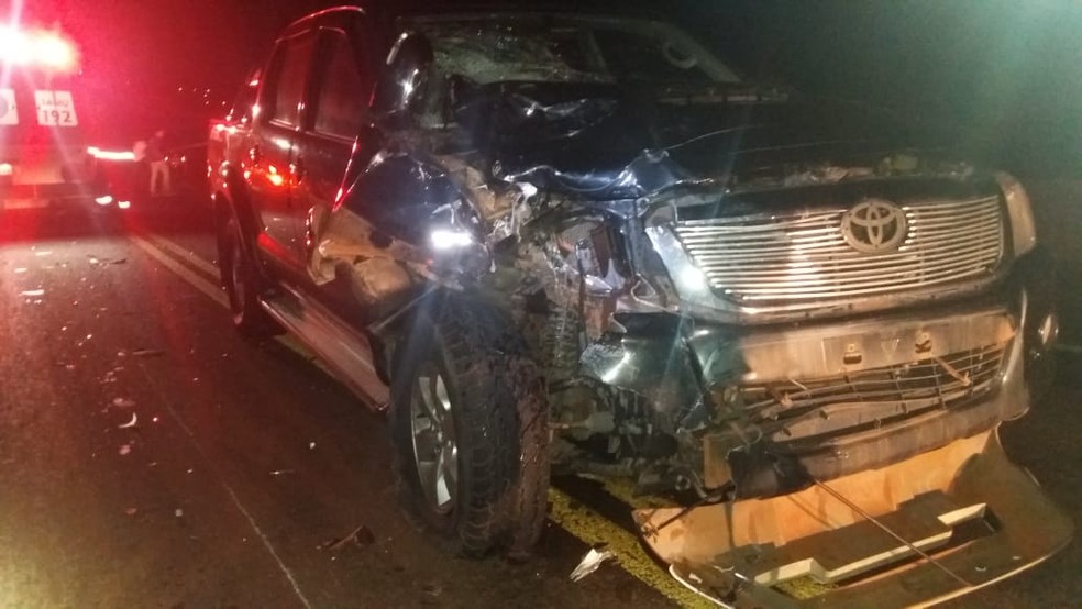 Ele atropelou um quati, perdeu o controle da direção e acabou batendo contra uma caminhonete — Foto: Divulgação/PRF