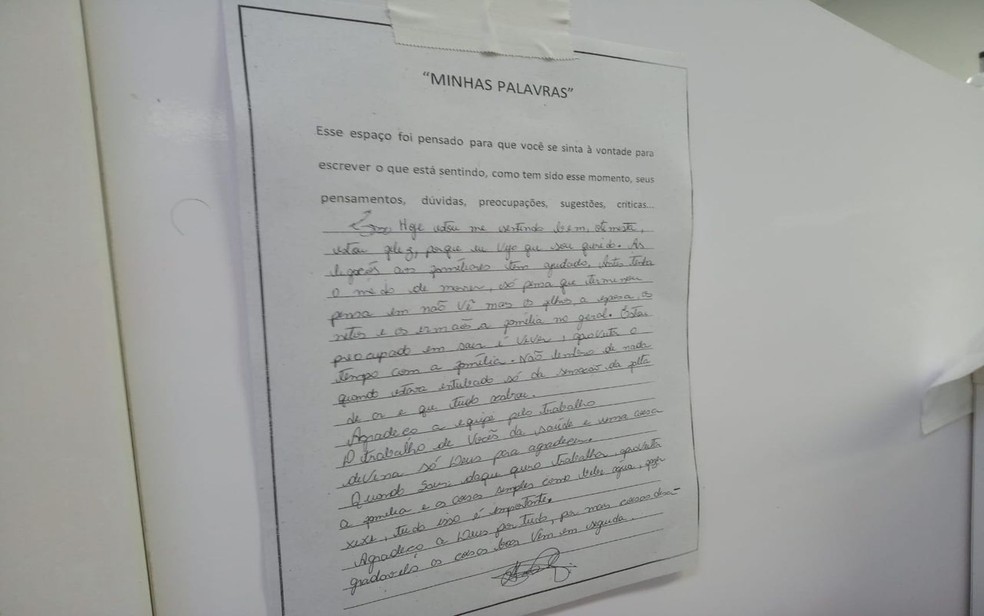 Carta deixada por paciente curado de Covid-19 para profissionais do Hospital de Urgência de Sergipe — Foto: ASN