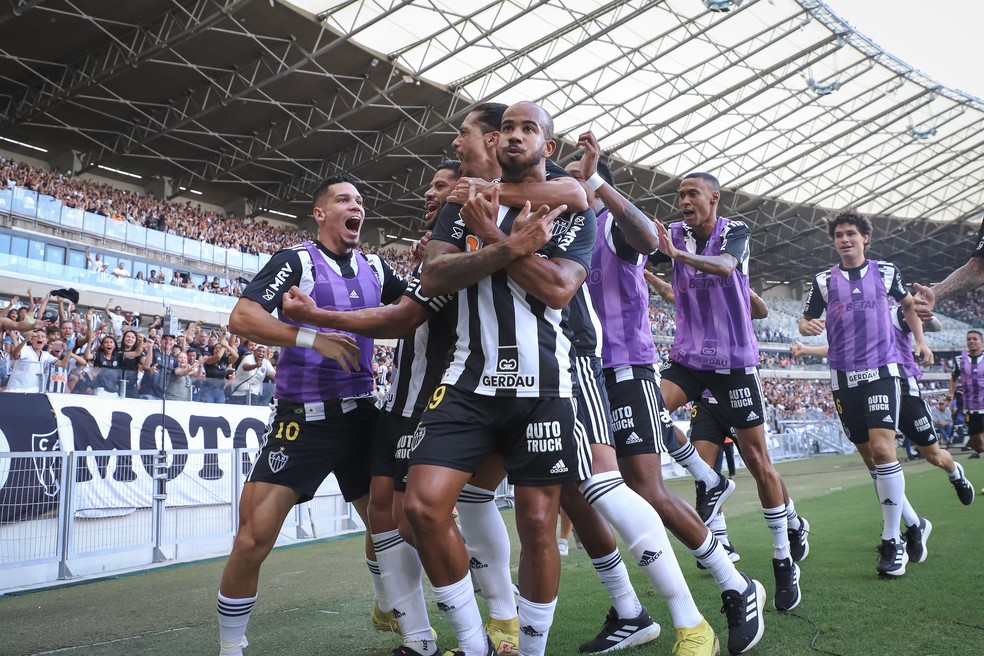 Jogadores do Atlético-MG comemorando gol em jogo do Campeonato Mineiro — Foto: Pedro Souza/ Atlético-MG
