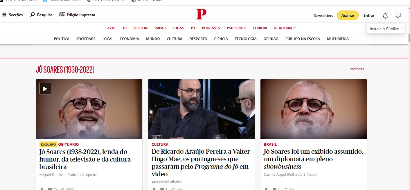 Jornal português Público noticia morte de Jô Soares (Foto: Reprodução)
