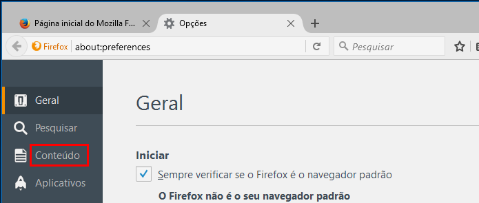 Selecionando a guia Conteúdo nas preferências do Firefox (Foto: Reprodução/Edivaldo Brito)