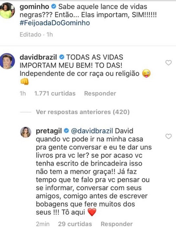 Preta Gil rebate comentário de David Brazil em post de Gominho (Foto: Reprodução/Instagram)