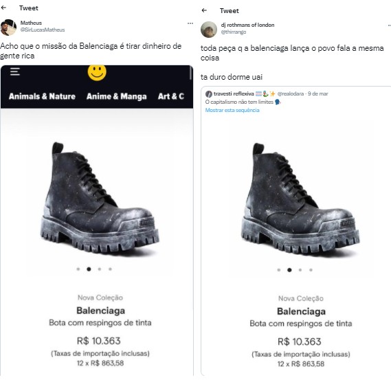 Nas redes sociais, bota Balenciaga manchada de tinta causa polêmica e vira meme (Foto: Reprodução/ Instagram)