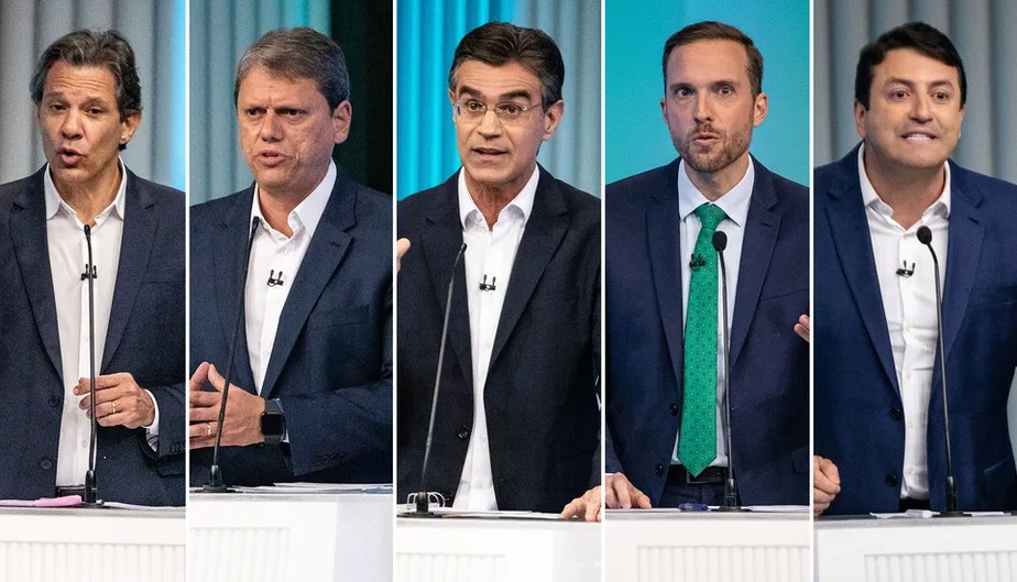 Fernando Haddad, Tarcísio, Rodrigo Garcia, Vinicius Poit e Elvis Cezar durante debate de candidatos ao governo de SP na TV Globo
