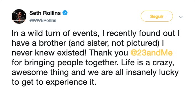 O tuíte por meio do qual o lutador de luta livre Seth Rollins anunciou a descoberta de um irmão e uma irmã (Foto: Twitter)