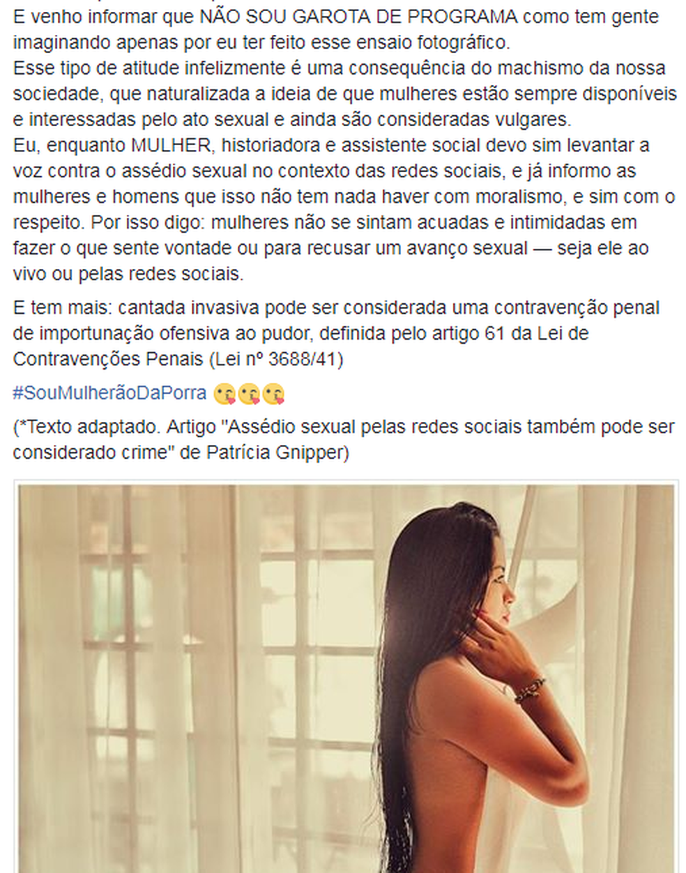 Niuara publicou uma foto do ensaio e um desabafo na web (Foto: Reprodução/Facebook)