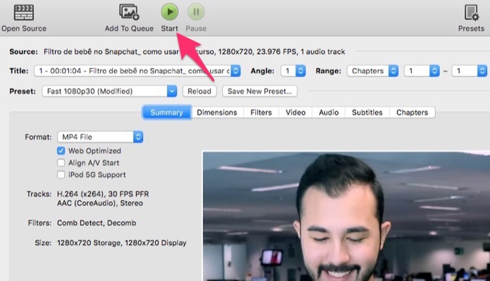 Ação para iniciar a conversão de um vídeo usando o software HandBrake — Foto: Reprodução/Marvin Costa
