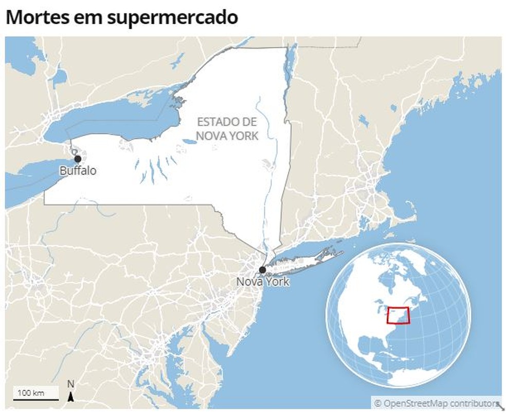 Mapa mostra onde fica Buffalo, no estado de Nova York. — Foto: g1