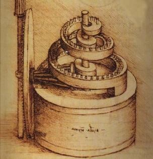 Engrenagem em espiral desenhada por da Vinci (Foto: THE ROYAL COLLECTION TRUST, via BBC News Brasil)