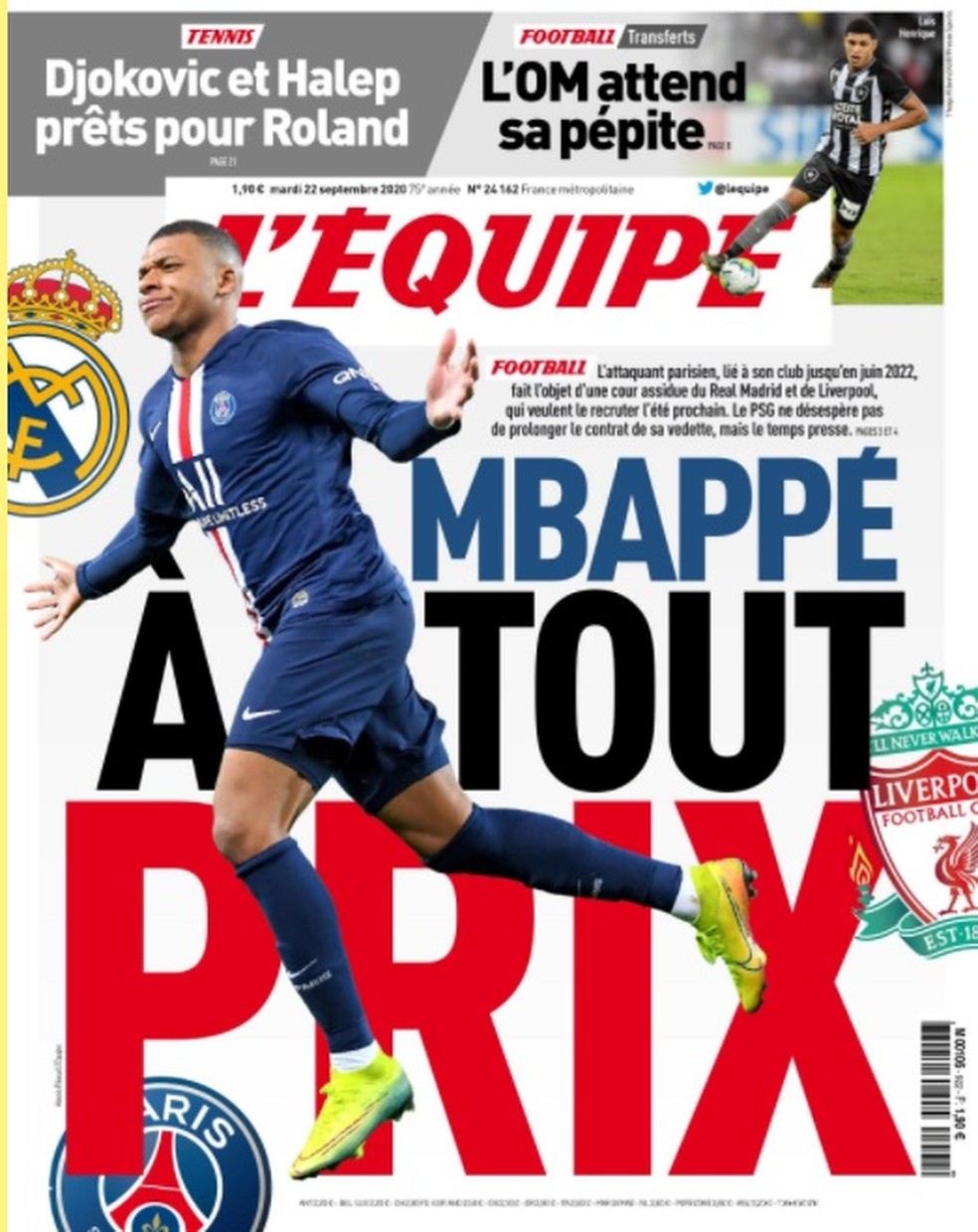 "L'Equipe" diz que Mbappé não pensa em ficar no PSG e, no momento, tem dois interessados: Real Madrid e Liverpool — Foto: Reprodução/L'Equipe