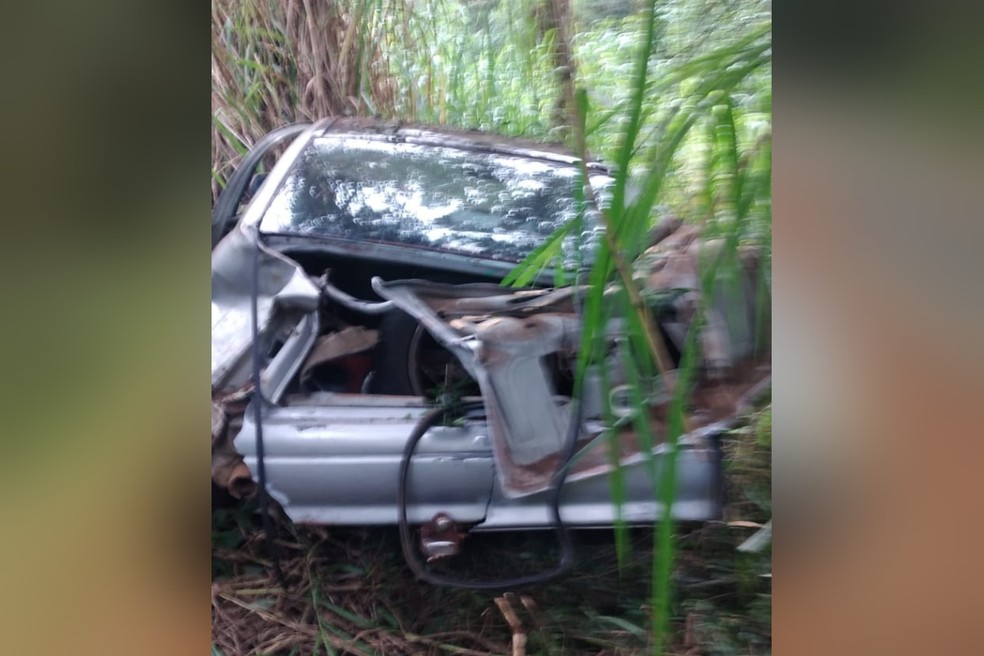 Carro cai em ribanceira após motorista perder controle da direção em rodovia de Itaí — Foto: Polícia Rodoviária/Divulgação